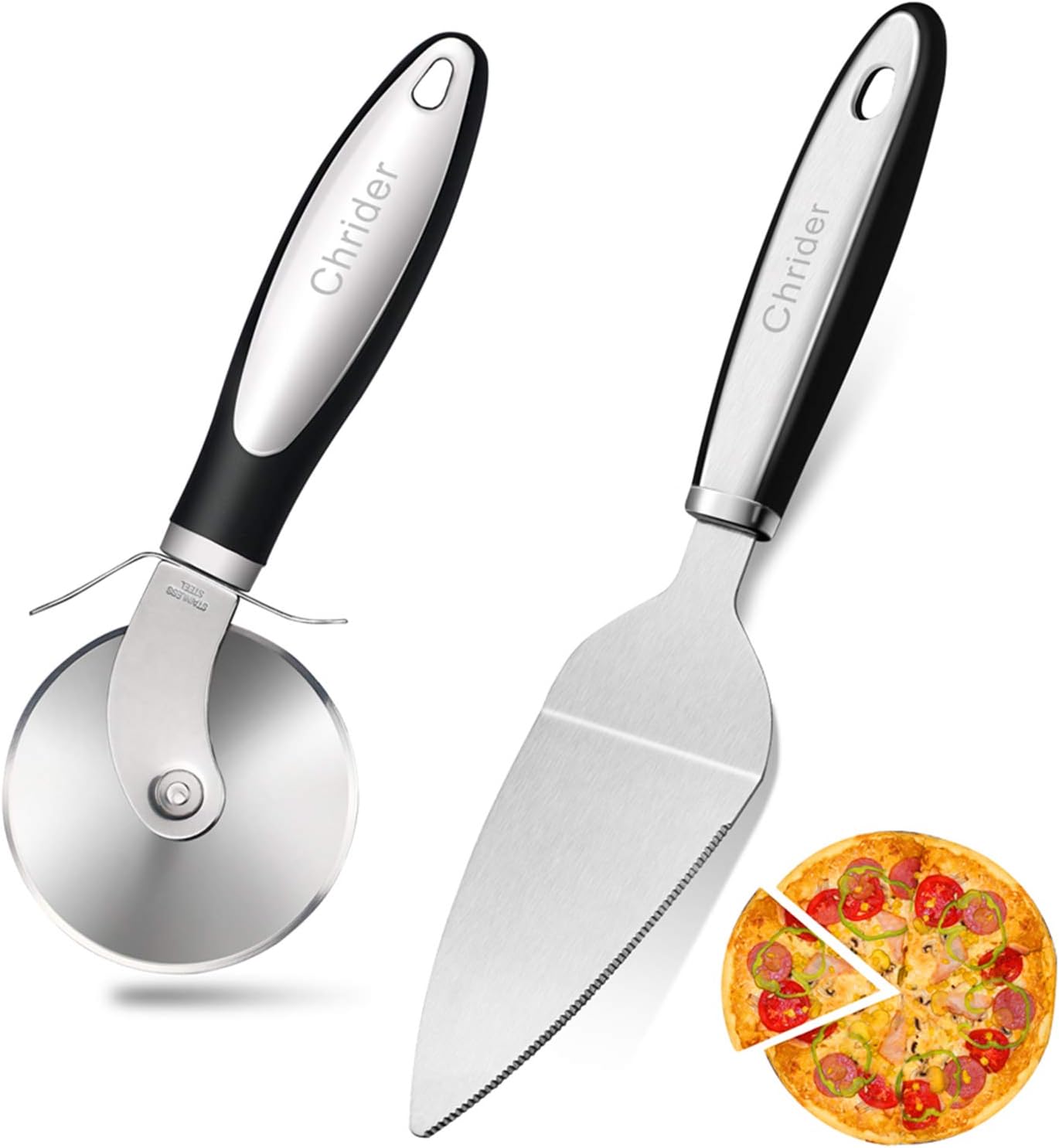 Chrider Pizza Cutter Wheel Pizza Server Set, Super Sharp Pizza Slicer with Ergonomic Non Slip Handle, Quality Stainless Steel Pizza Cutter, Ideal for Pizza, Pies, Dough Cookies and Waffles: Kitchen & Dining