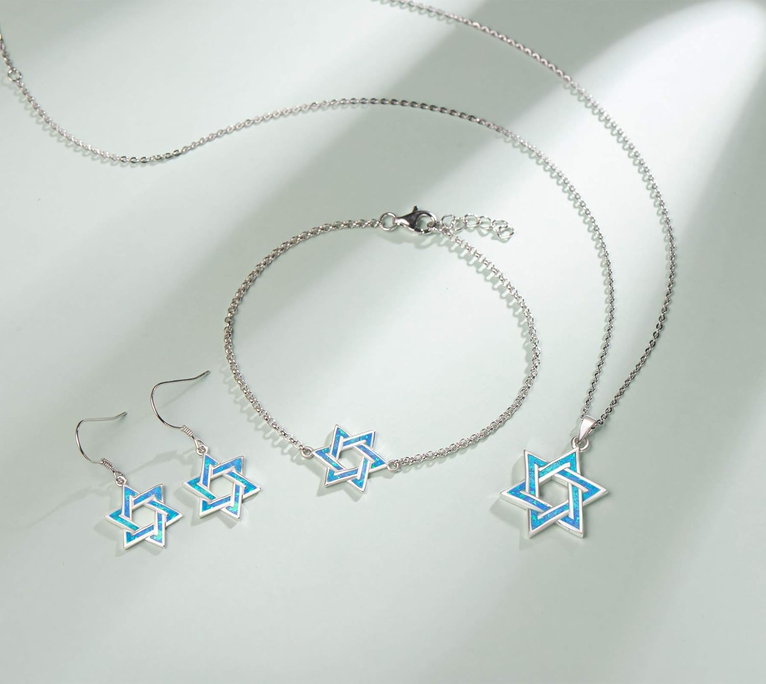 FANCIME Hanukkah Sterling Silver Created Blue Opal Star Necklace/Dangle Earrings/Bracelet Charm Danity October Birthstone Fine Jewelry for Women - Image 3