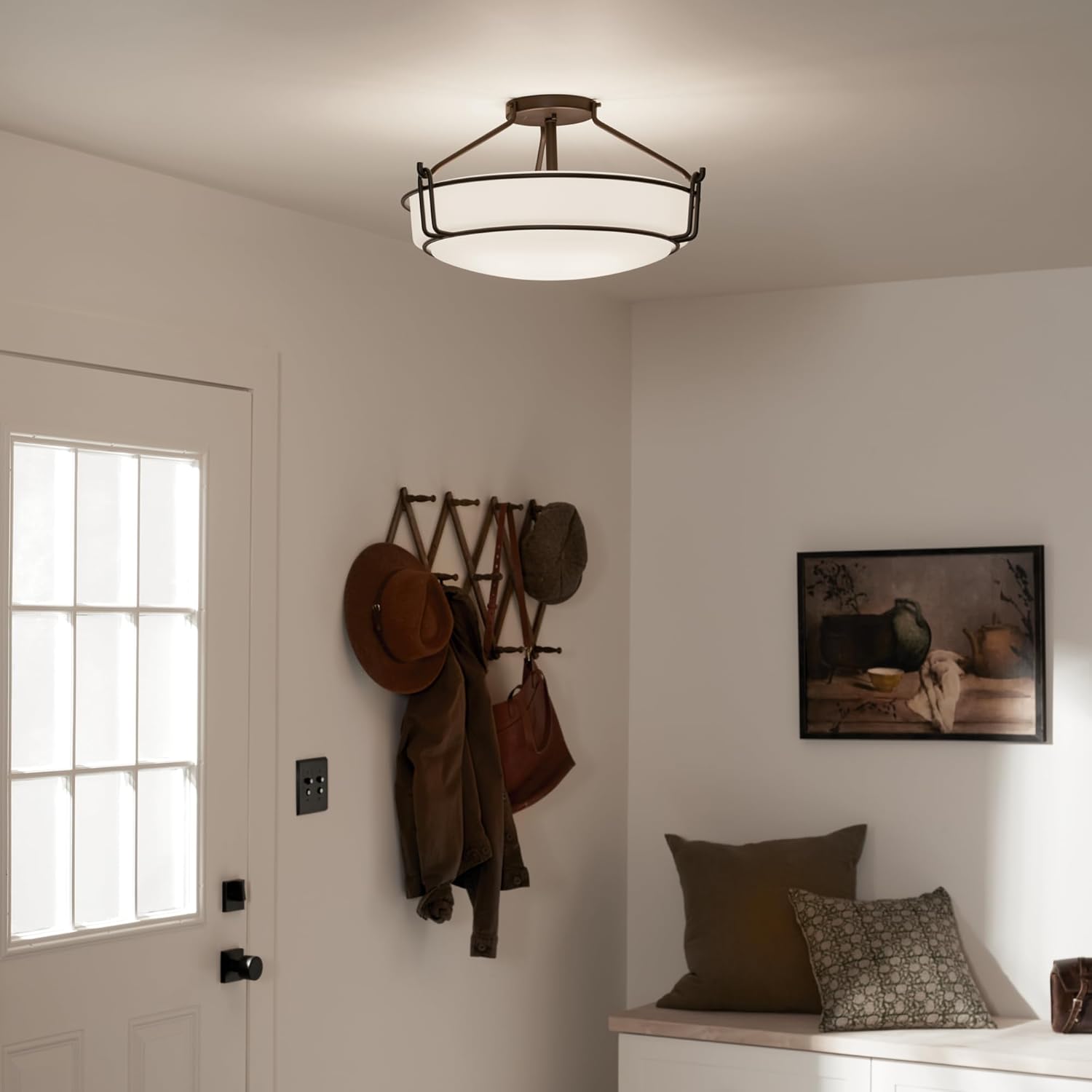 Kichler Alkire 4-Light Semi Flush Mount in Olde Bronze, Satin Etched White Glass, (11" H x 22" Dia), 44086OZ