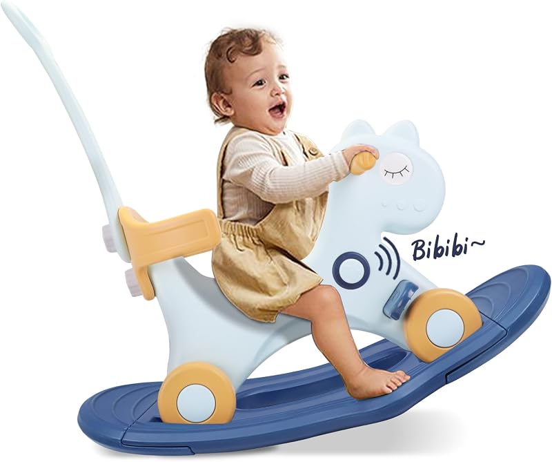 Ancaixin 4 in 1 Rocking Horse for Toddlers 1-3 Years Old, Balance Bike Ride On Toys with Push Handle, Backrest and Balance Board for Baby Girl and Boy, Unicorn Kids Riding Birthday
