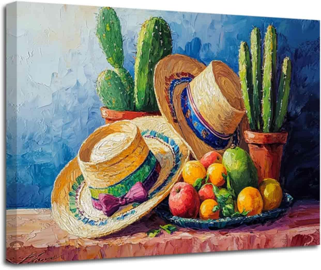 ZSHDEYMTOP Mexican Style Canvas Wall Art Colorful Fruits and Cactus Picture Print Sombreros Painting Summer Themed Poster Vintage Mexican Kitchen Dining Room Decor (12L x 18W)