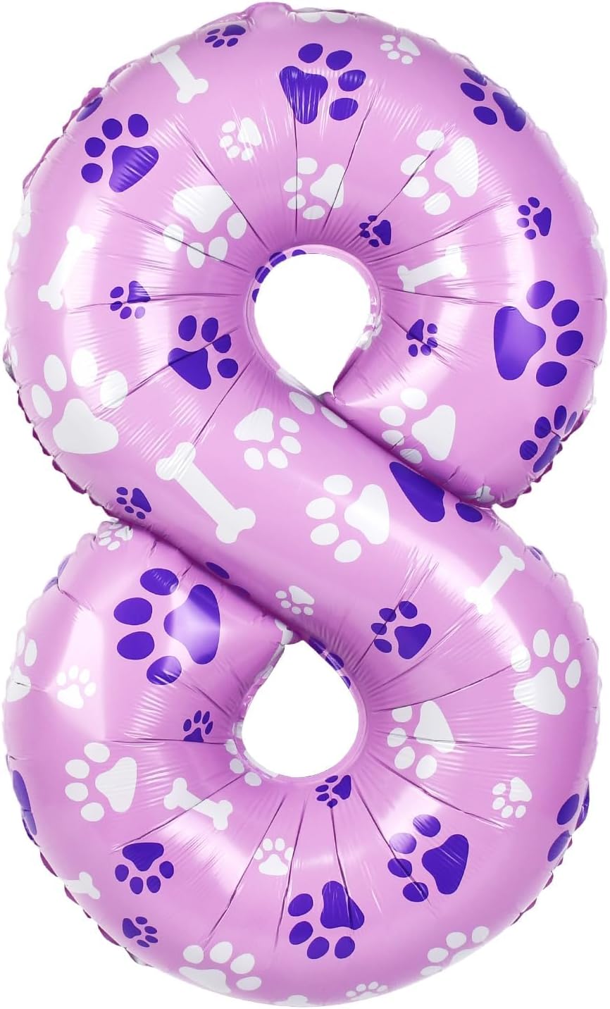 40 Inch Dog Paw Print Number 8 Foil Balloon, Large Multi-color Puppy Pet Balloon for Birthday Party Decoration, Dog Paw Theme Party Favors(Pink+White)