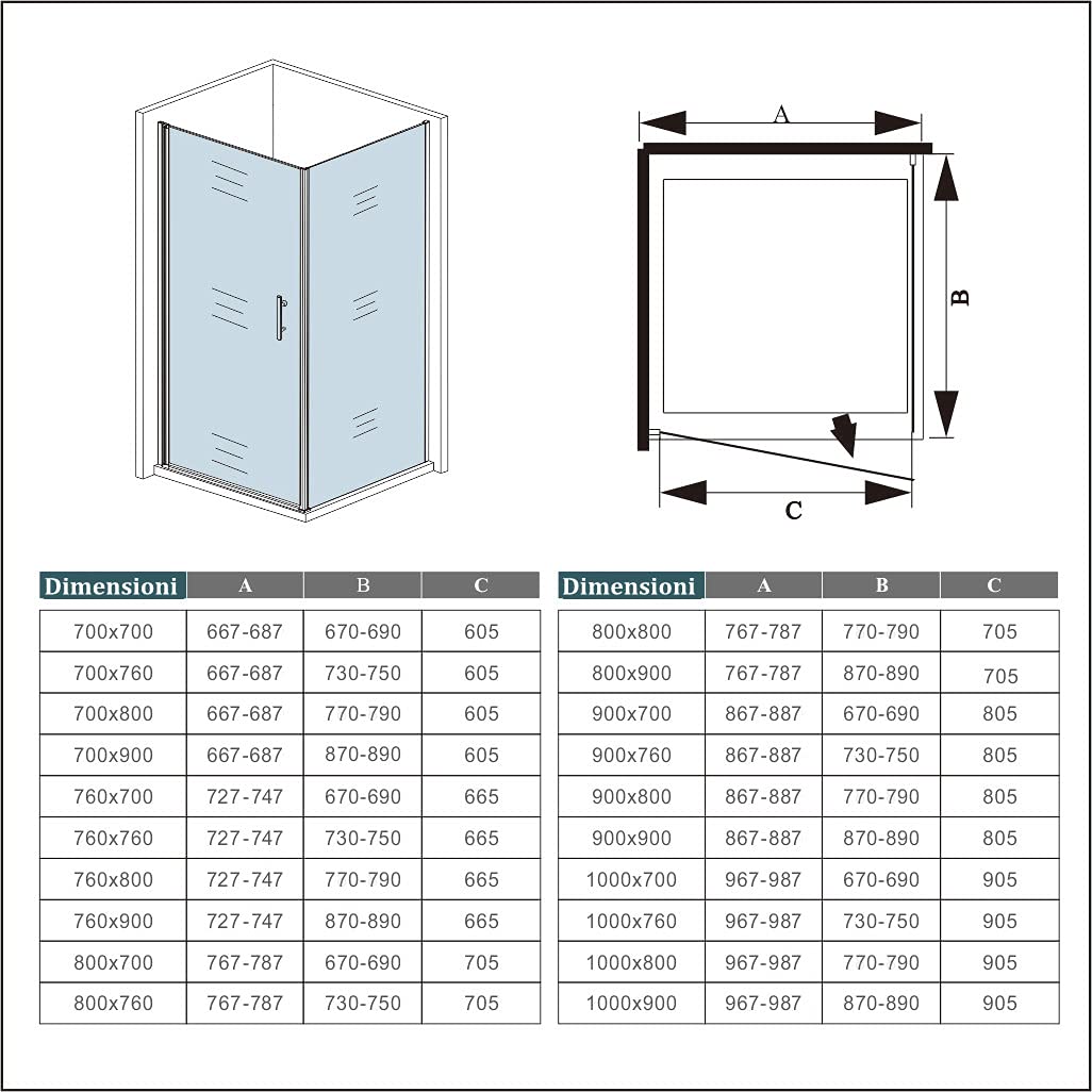 195cm Box Doccia Angolare Porta Battente 70x70cm vetro Satinato Barra 90cm | Parete Doccia Anticalcare, Vetro Temperato, Satinato Opaco, Barra Stabilizzatrice, montaggio irreversibile