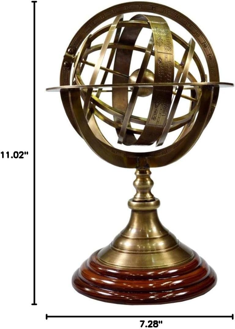 11" Antique Brass Armillary Sphere with Wooden Base – Handmade Celestial Globe | Vintage Astronomical Decor | Nautical Brass Model for Home Office