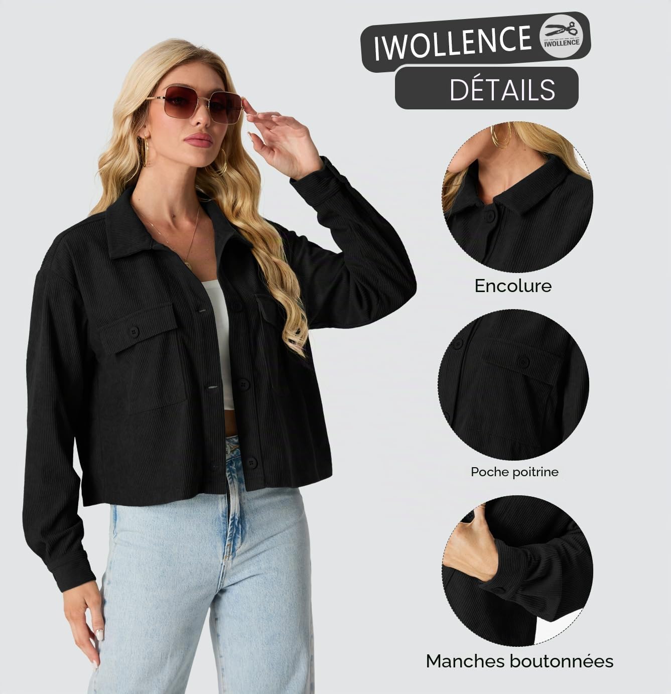IWOLLENCE Veste en velours côtelé pour femme - Manches longues - Revers - Boutonné - Manteau shacket