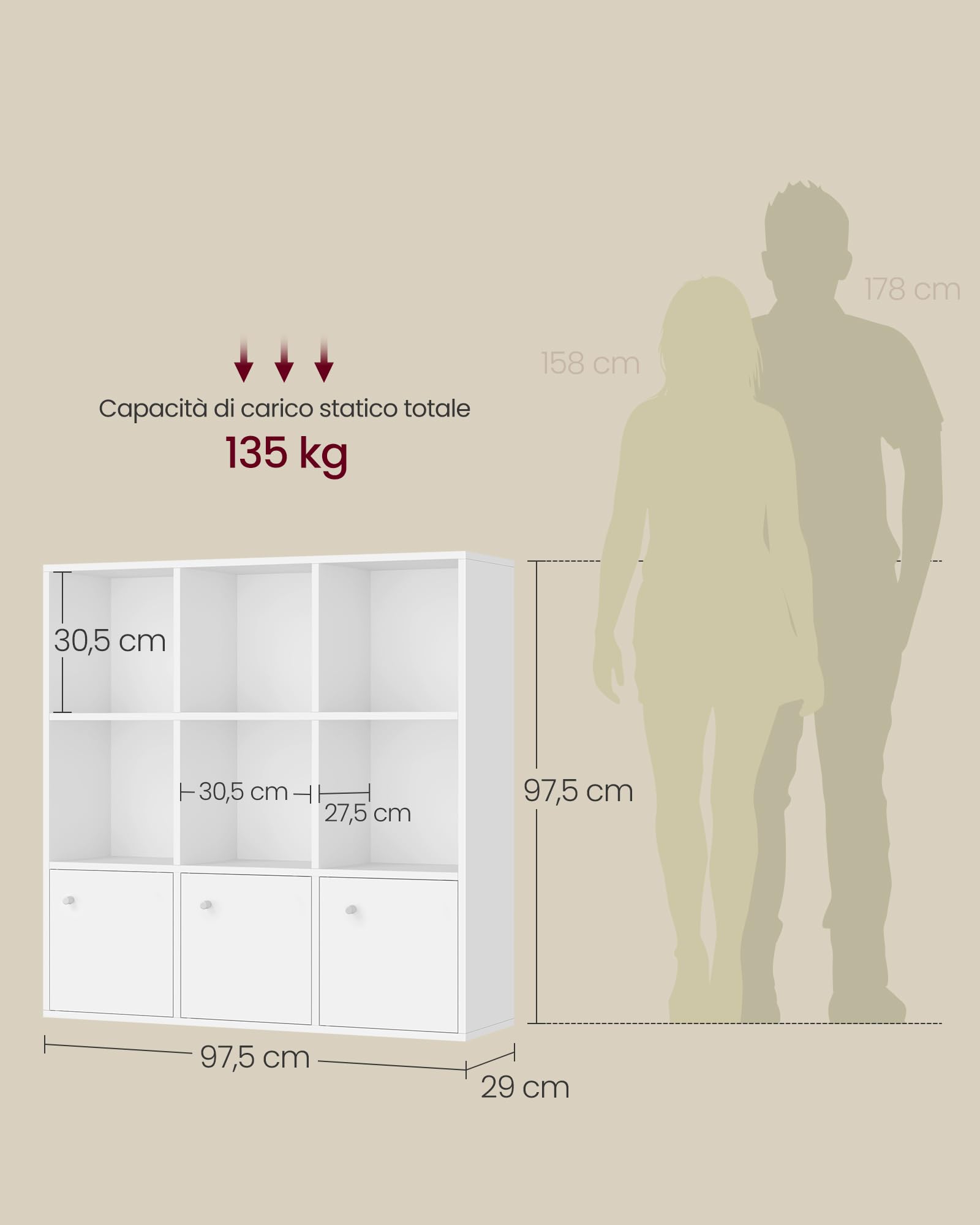 VASAGLE Libreria, Scaffale Libreria a 3 Ripiani, Scaffale Portaoggetti, 29 x 97,5 x 97,5 cm, 3 Scomparti con Ante, per Soggiorno Studio Sala da Pranzo, Bianco Nuvola LBC33WT