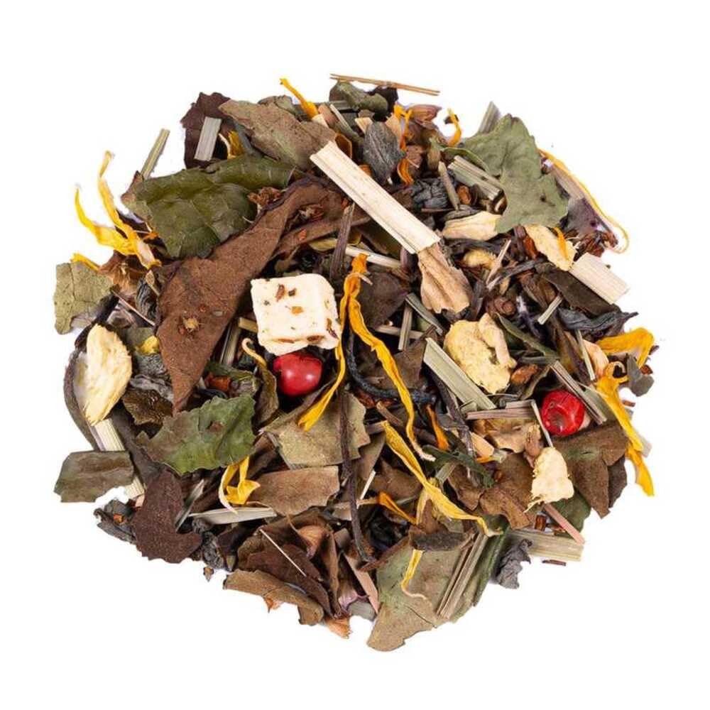 Mezcla Te Verde y Blanco Jengibre y Mango a Granel 100 Gramos - My Tea Moments - Cultivo Sostenible - Ingredientes Naturales: Caléndula, Citronela, Guaraná, Jengibre, Mango, Pimienta Rosa, Tulsi.