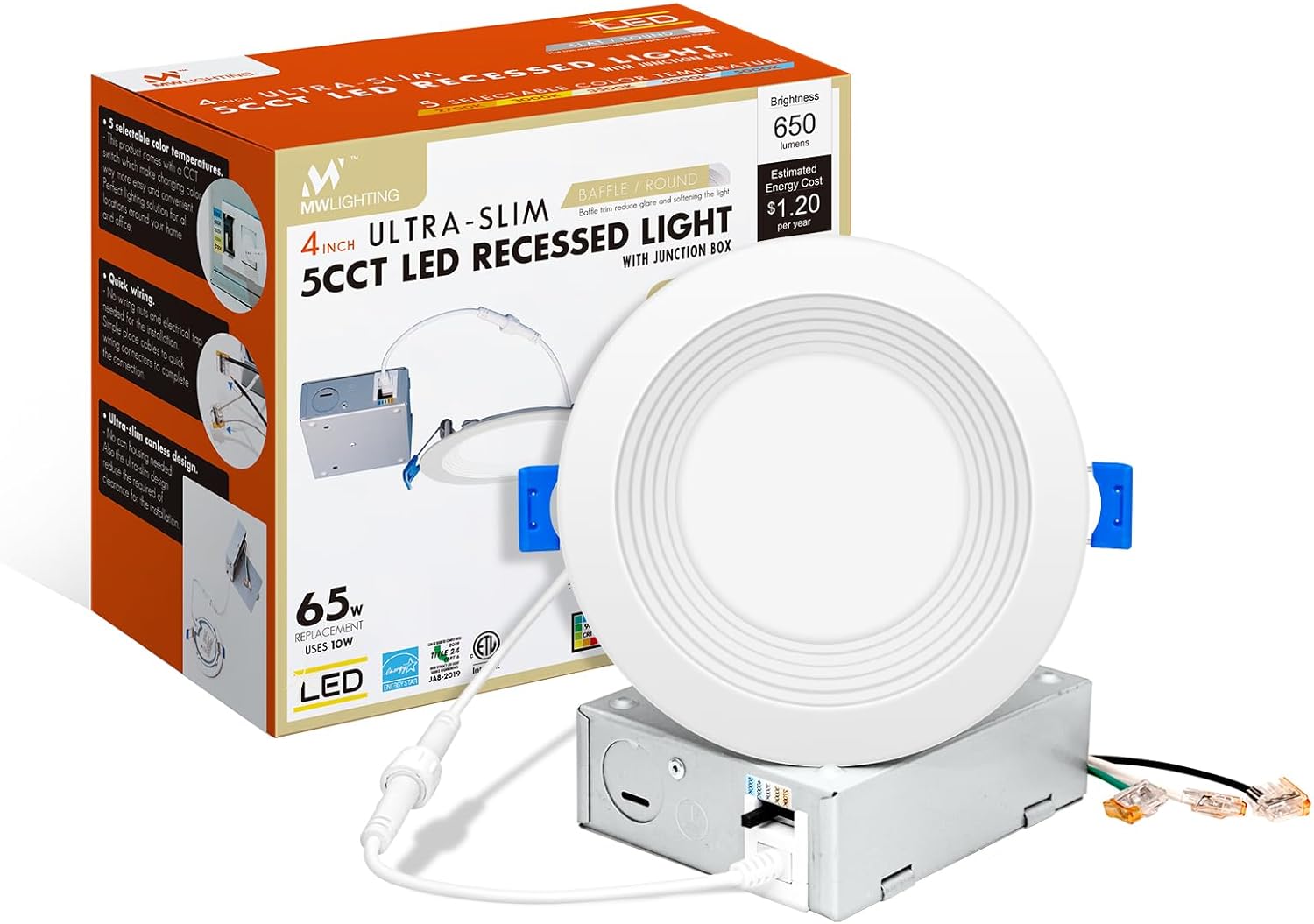 mw 4 Inch 5CCT Ultra-Thin LED Recessed Light with Junction Box,Dimmable 4 Inch Wafer LED Lights, 10W High Brightness Downlight with Baffle Trim, 2700/3000/3500/4000/5000K, Energy Star