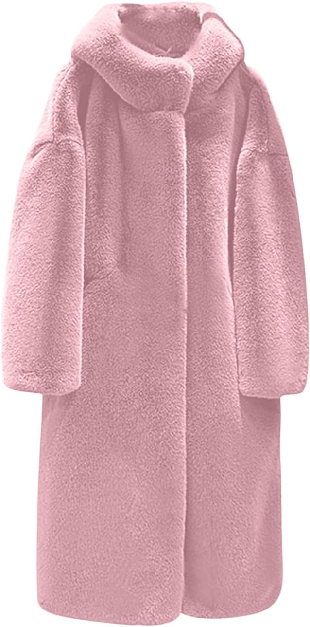 Women's Mid-length Fuzzy Jacket Ladies Long Faux Fur Coat Fashion Long Sleeve Solid Color Winter Hooded Overcoat Tops