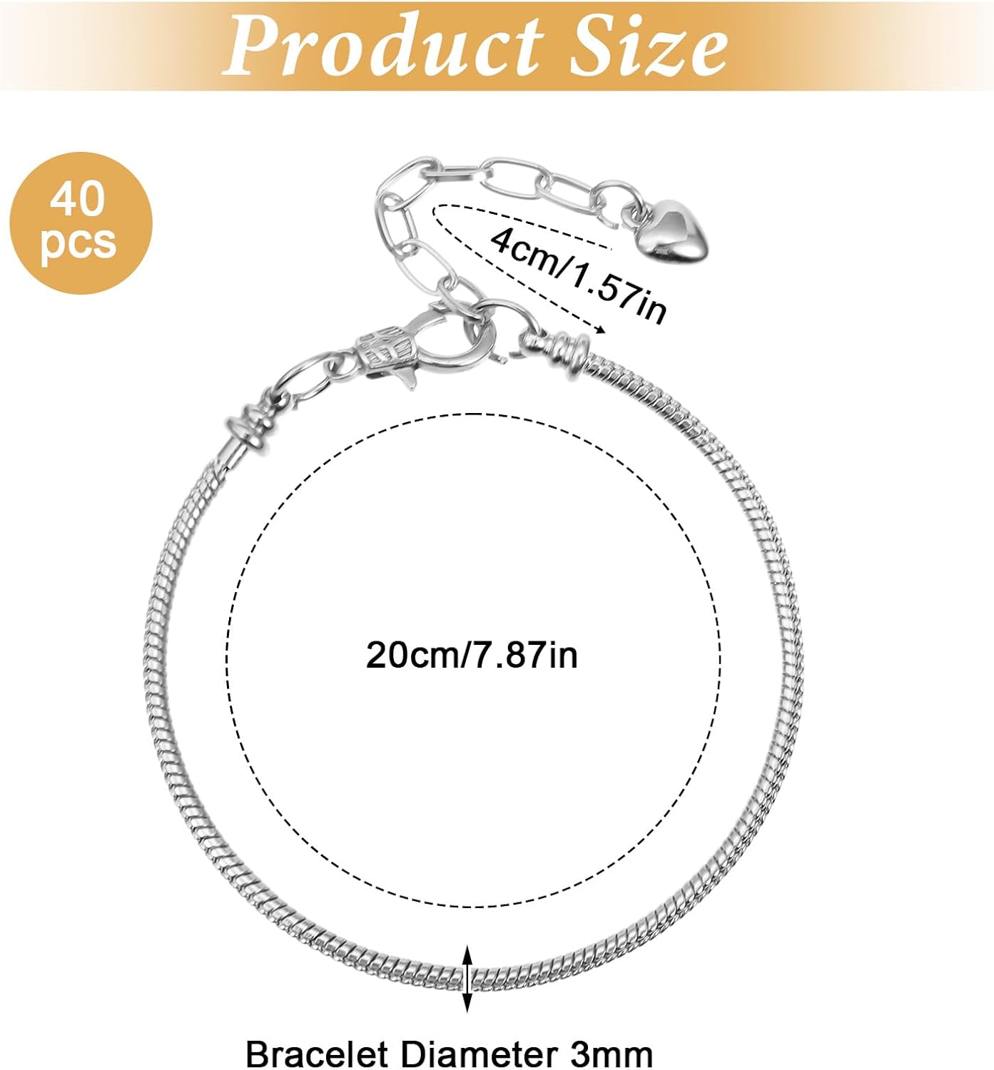 Molain 40 Pieces Silver Snake Charm Bracelet Chains, 7.87 Inch Adjustable Jewelry Making Charm Bracelet with Heart Extender Chains for DIY Women Gifts