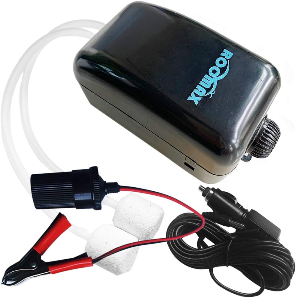12V DC Fish Pump Adjustable Air Bubbler Bait Aerator with Battery Clip Portable for Boat Trolling Fishing 1-100 Gallon