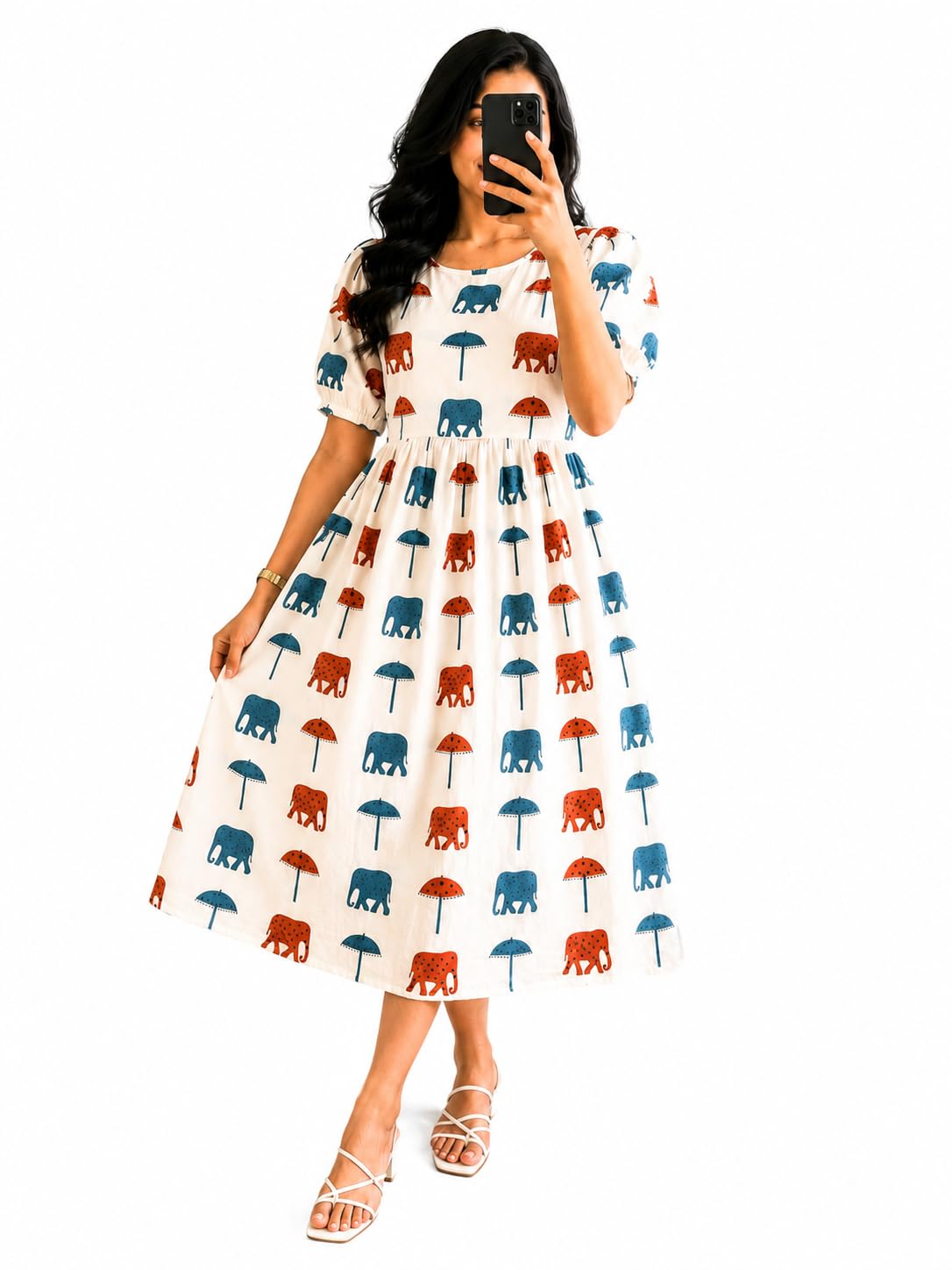 royalica Women's Cotton Elephant Print Midi Dress Half Sleeve Casual Dress-picture-16