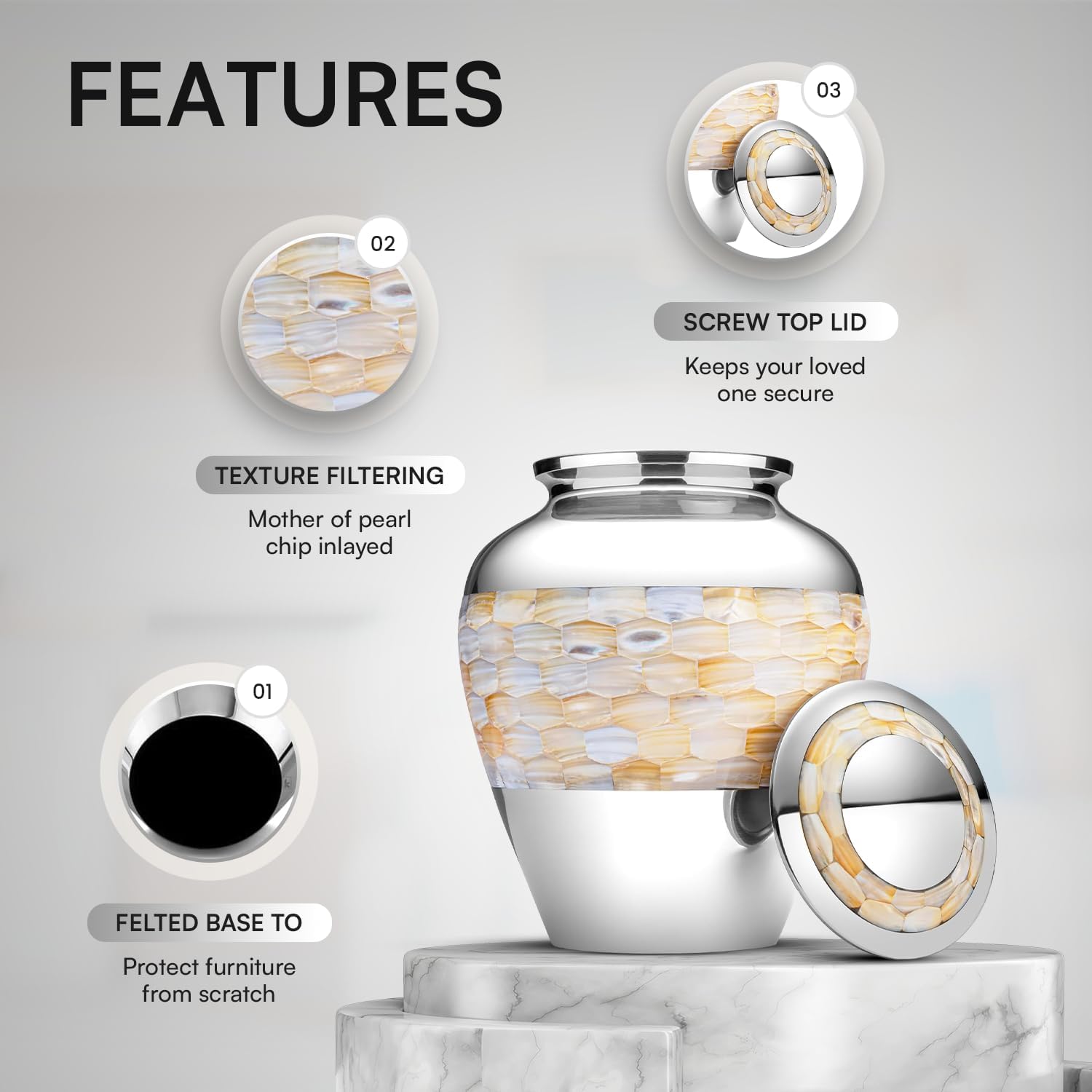 Brass Mother of Pearl Large Cremation Urns for Human Ashes Adult Size Male Female Funeral Memorial Urns for Mom Dad Son Men Women with Secured Lid Silver Finish 9" Inch 210 lbs with Velvet Bag