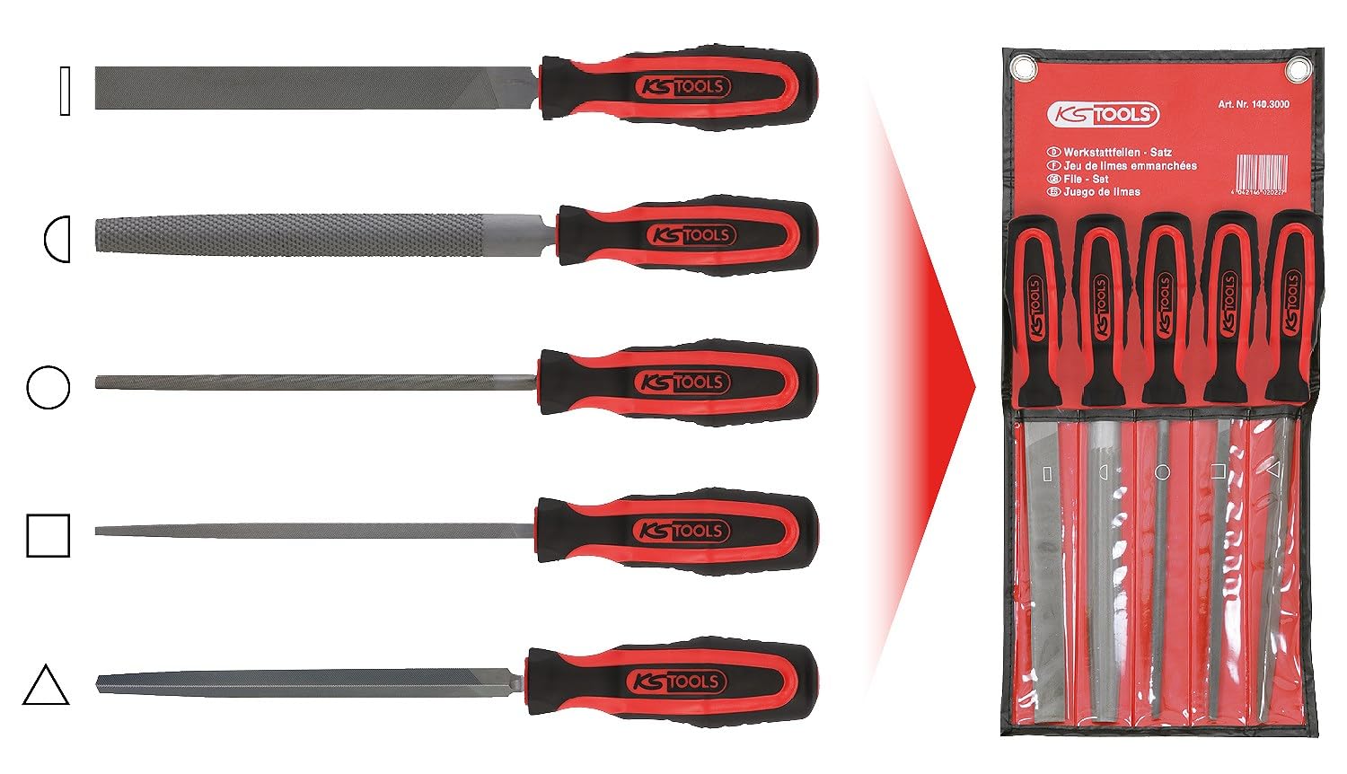 KS Tools - 140.3000 - Jeu de 5 limes emmanchées demi-douces plate, carrée, triangulaire, demi-ronde, ronde - Poignée bi-matière - Longueur 200mm