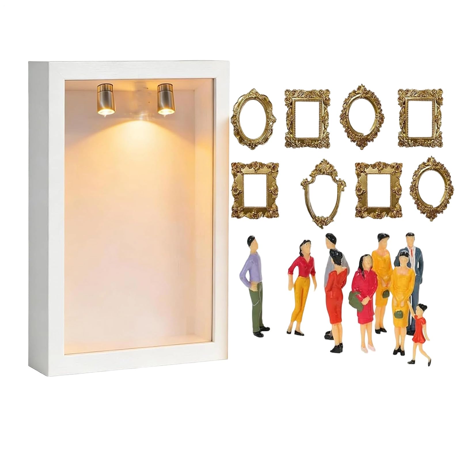 Museum Of Us Mini Museo Cornice Fai Da Te Con 8 Statuine, Scatola Display 3D | Miniatura In Legno Con LED Bianco Caldo, Cornice Shadow Box Per Matrimonio Anniversario Compleanni Decorazione Casa