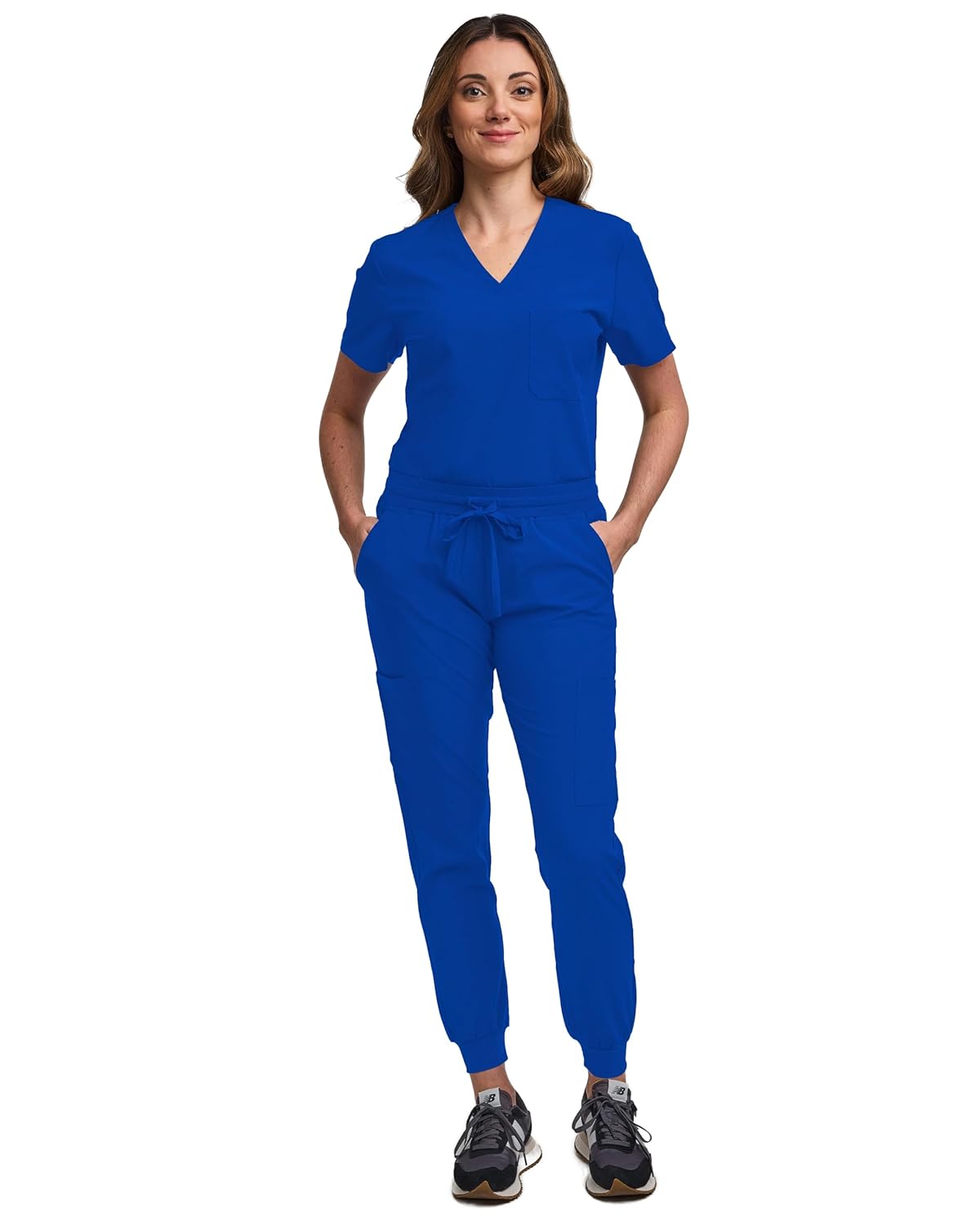 Green Town Scrubs for Women Scrub Set - Jogger Pant and Tuck-In V-Neck Top, 5 Pockets, Yoga Waistband, Nursing Uniform-Royal-Small