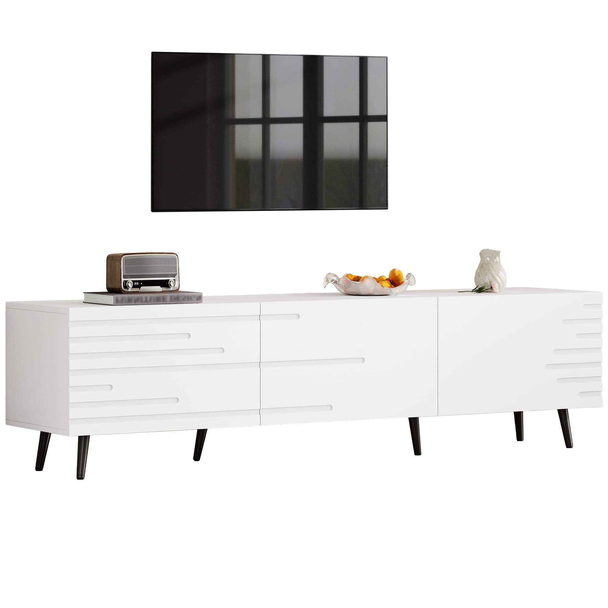 Mobile TV grande 180 x 40 x 48 cm, con 3 ante a battente, design stampato, bianco, adatto per televisori da 80", grande capienza, materiale MDF.
