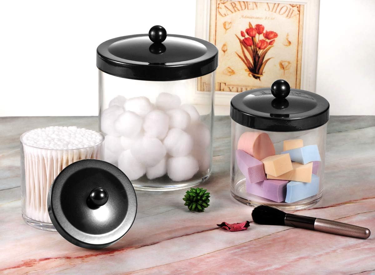 SheeChung 3-Pack Plastic Apothecary Jars with Black Metal Lids - Large 50oz, 25oz & 15oz Clear Acrylic Storage Set - Shatterproof Bathroom & Laundry Room Organizer - Modern Farmhouse Decor