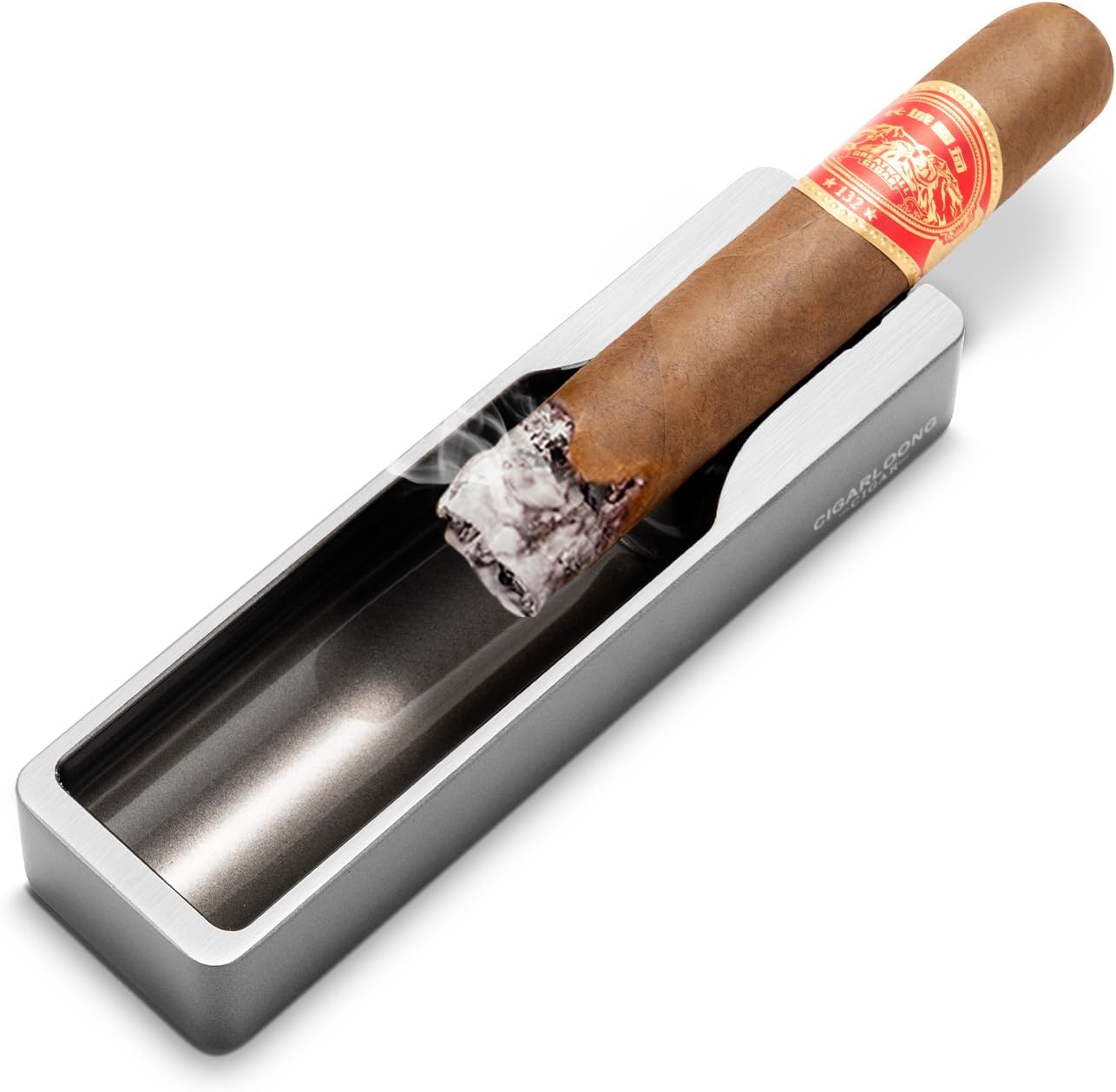 Cigar Ashtray Metal Ashtray with Wide Cigar Slot, Rectangular Rest Cigar Holder Ash Tray for Patio Outside Indoor Home Decor, Silver