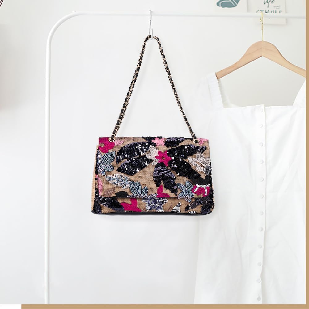 Handmade Sequin Embroidery Straw Tote for Women - Large Capacity Bohemian Shoulder Bag for Beach, Vacation, Travel, Daily, Banquet (Black Flower) - Image 3