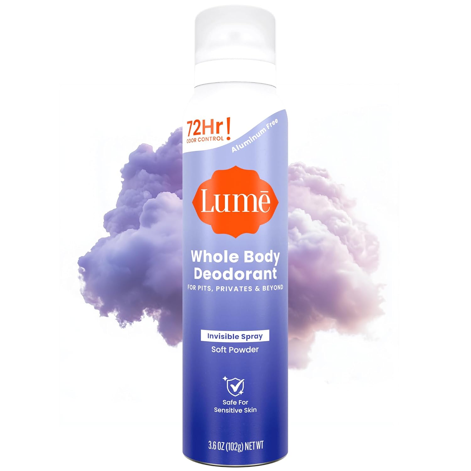 Lume Whole Body Deodorant Spray Aluminum Free - 3.6 oz (Soft Powder) | 72-Hour Odor Control, Baking Soda Free, Whole-Body Deodorant Spray for Women — Safe for Underarms & Private Parts