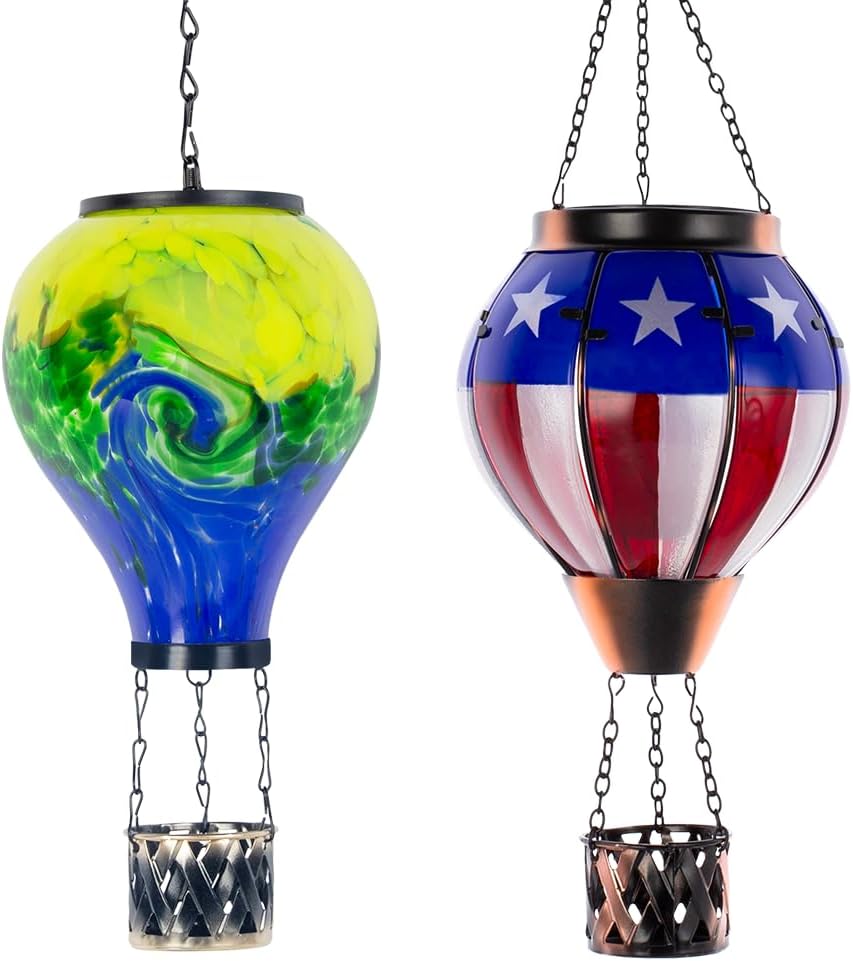Tie-Dye Solar Hot Air Balloon Outdoor Lantern with Flickering Flame, Flag Pattern Glass Hanging Outdoor Lantern Waterproof Decorative Lantern Lamp for Patio, Garden, Porch