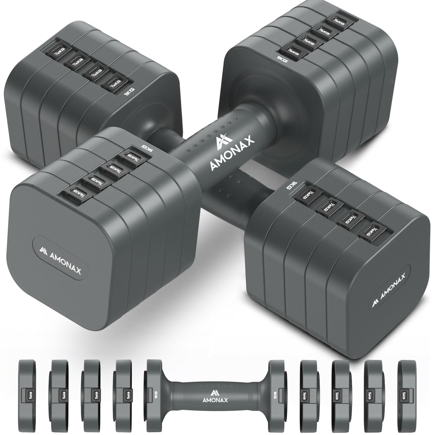 Amonax Adjustable Dumbbells Set, 1kg/2kg/3kg/4kg/5kg Dumbbell Pair, 4-in-1 and 5-in-1 Weights Dumbbells Set Women Men, Free Weights for Home Gym (Grey, 5kg x 2)