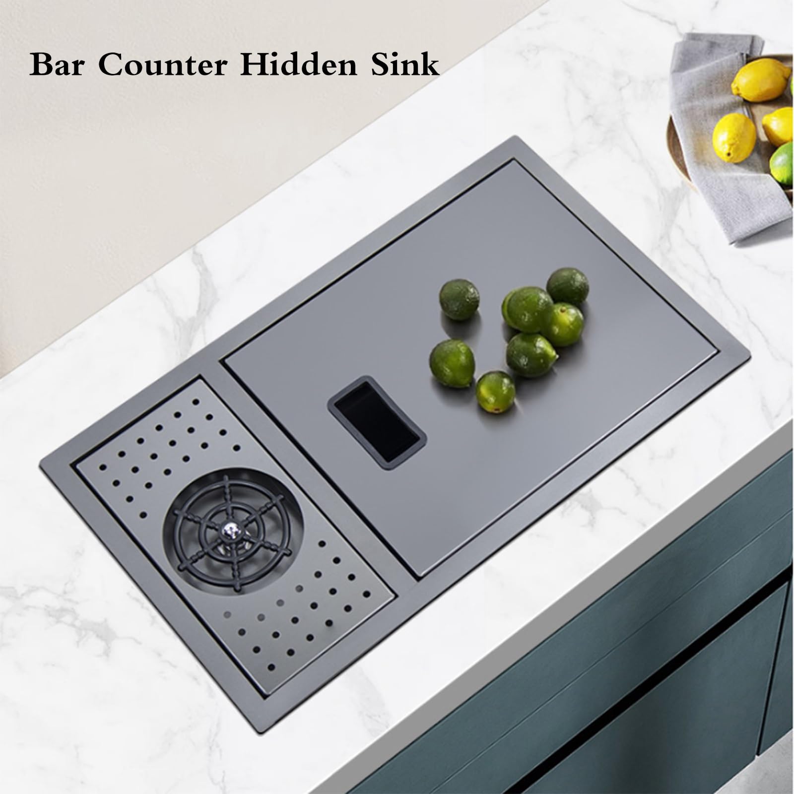 Fregadero de Un Solo Seno con tapa, grifo plegable y enjuagador de vidrio – Lavador de verduras oculto de Acero inoxidable para Barra de Café, caravana, Isla de cocina (58 * 26 22 cm)