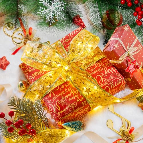 Minetom Christmas Tree Ribbon String Lights - 33ft 100 LED Battery Powered Fairy Lights with Timer and 8 Lighting Modes, Christmas Ribbon Bows Lights for 6ft - 8ft Christmas Tree New Year Decor, Gold - Image 6