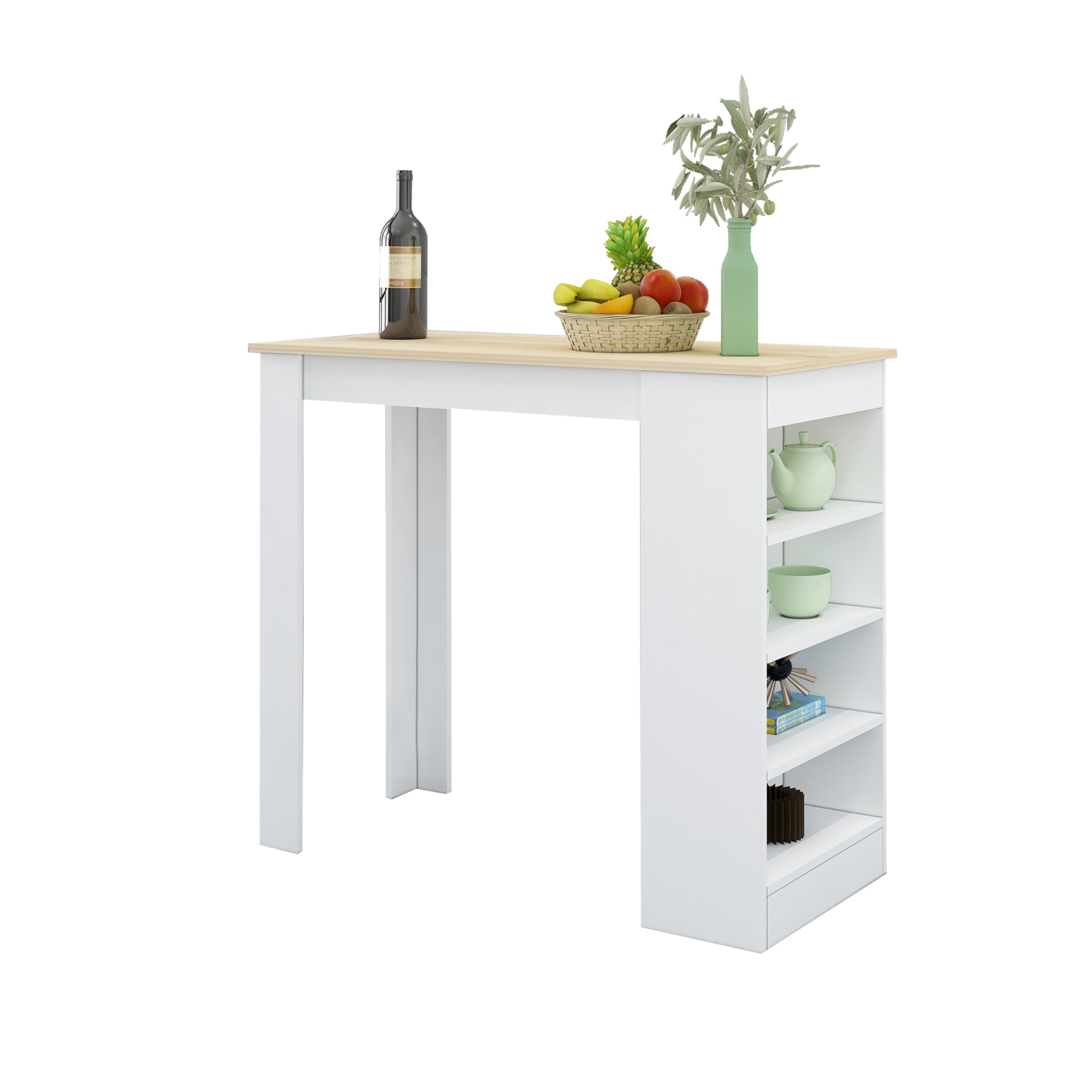 White Bar Table, Breakfast Dining Table with Oak Waterproof Top ...