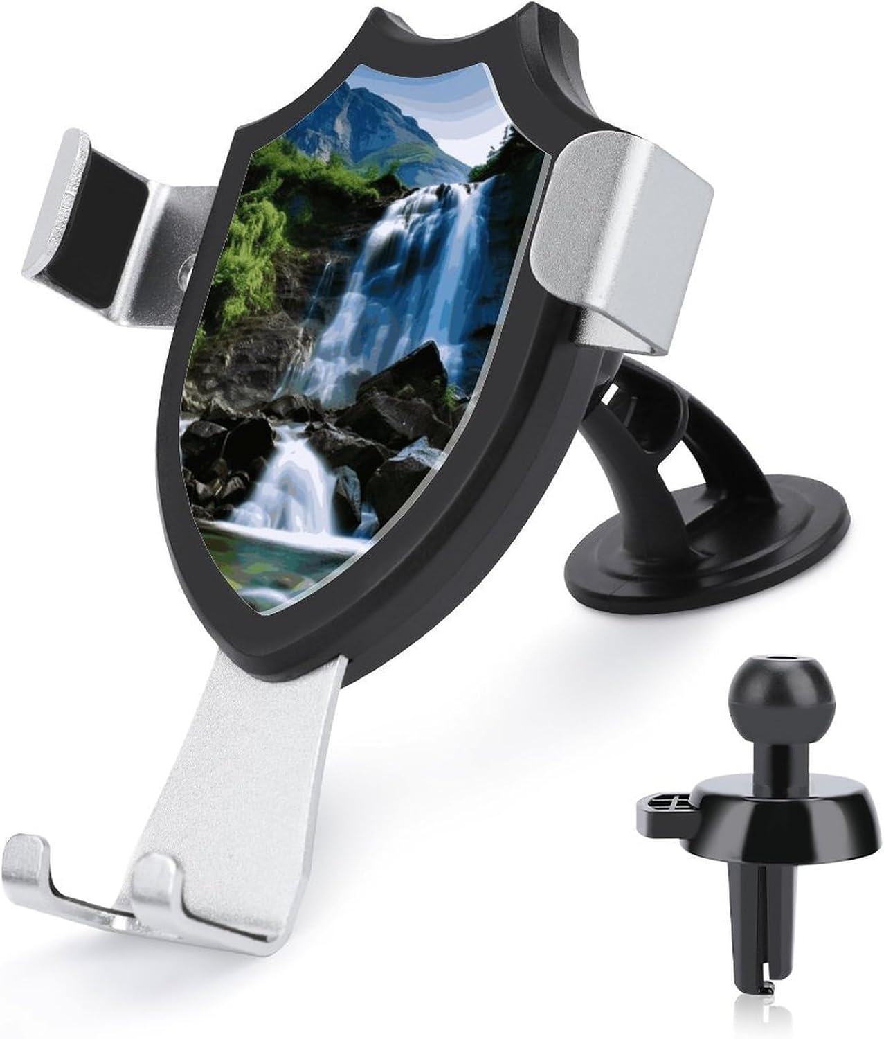 3 in 1 Universal Car Phone Mount Adjustable Suction Cup Scenic Mountain Waterfall Cell Phone Holder with Metal Hook Clip for Vent Windshield Dashboard Car Accessories Auto Interior Decoration Gift