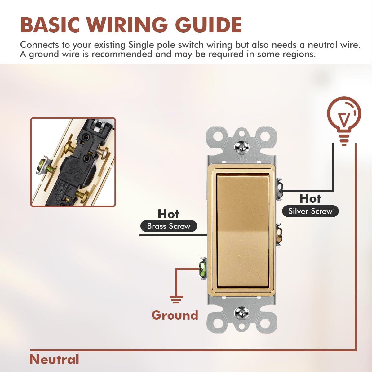 Micmi Golden Wall Light Switch, Single Pole Decorator Paddle Rocker Interrupter Residential Grade 3 Wires Grounding 15A 120/277V UL Listed (10 Pack, Golden)