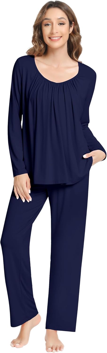 NACHILA Pajamas for Women Long Sleeve Sleepwear Comfy Pants Pajama Set Pleated Pjs with Pocket,Viscose Made from Bamboo