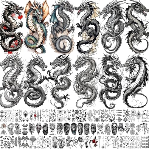 76 Blatt Drachen Temporäre Tattoo Herren Frauen Klebetattoos Erwachsene, Wasserfest Drachen Tattoos Aufkleber Damen Männer, Schwarz Fake Klebe Tattoos Zum Aufkleben Auf Die Haut Vorlagen