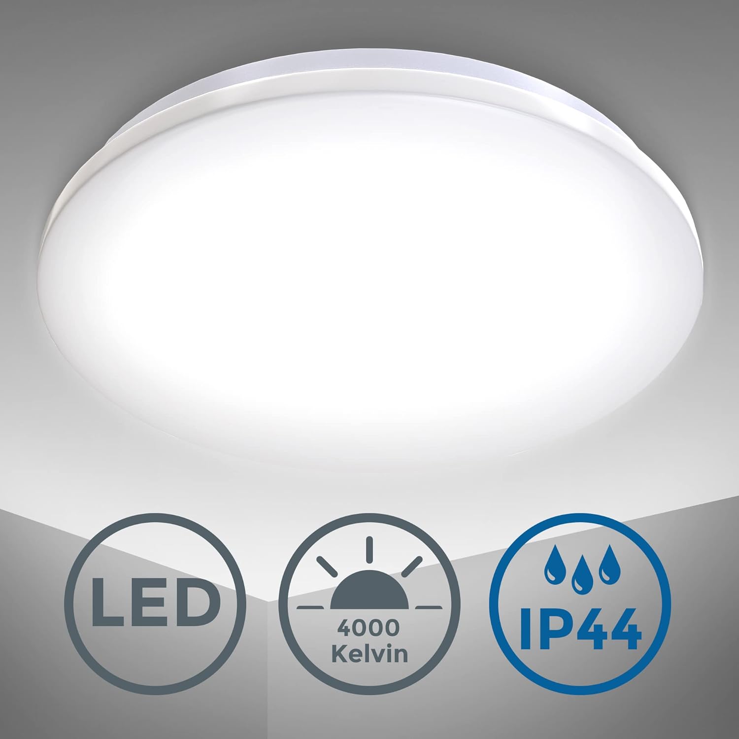 Diagram illustrating key features: LED technology, 4000 Kelvin color temperature, and IP44 water protection rating.