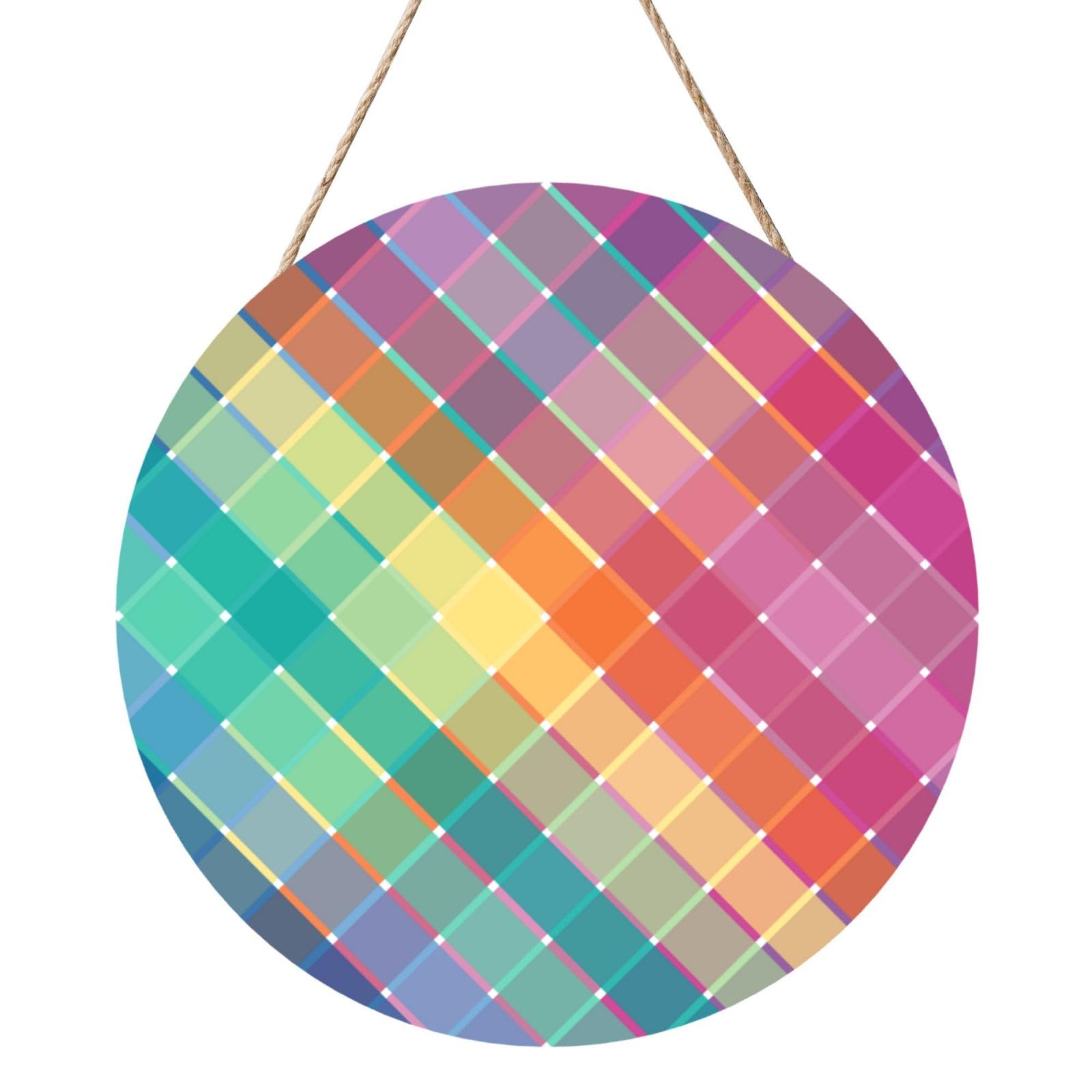 InOmak Colorful Rainbow Multicolor Plaid Stripes, Round Wood Panel Painting 12 in, Wall Hanging Painting For Home