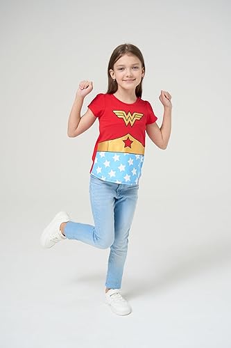 Vista 3 de DC Comics - Camiseta de manga corta para niñas de la Liga de la Justicia, paquete de 4 unidades para niños pequeños y grandes, grismorado, rojoazul