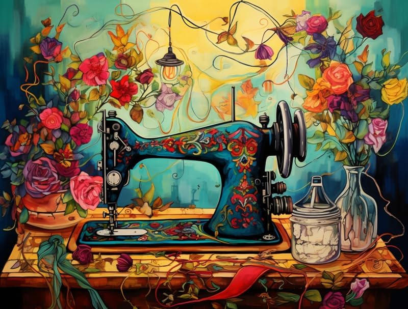 Kits de pintura de diamantes 5D por número para adultos, máquina de coser colorida, arte de diamantes, taladro redondo completo, bordado de