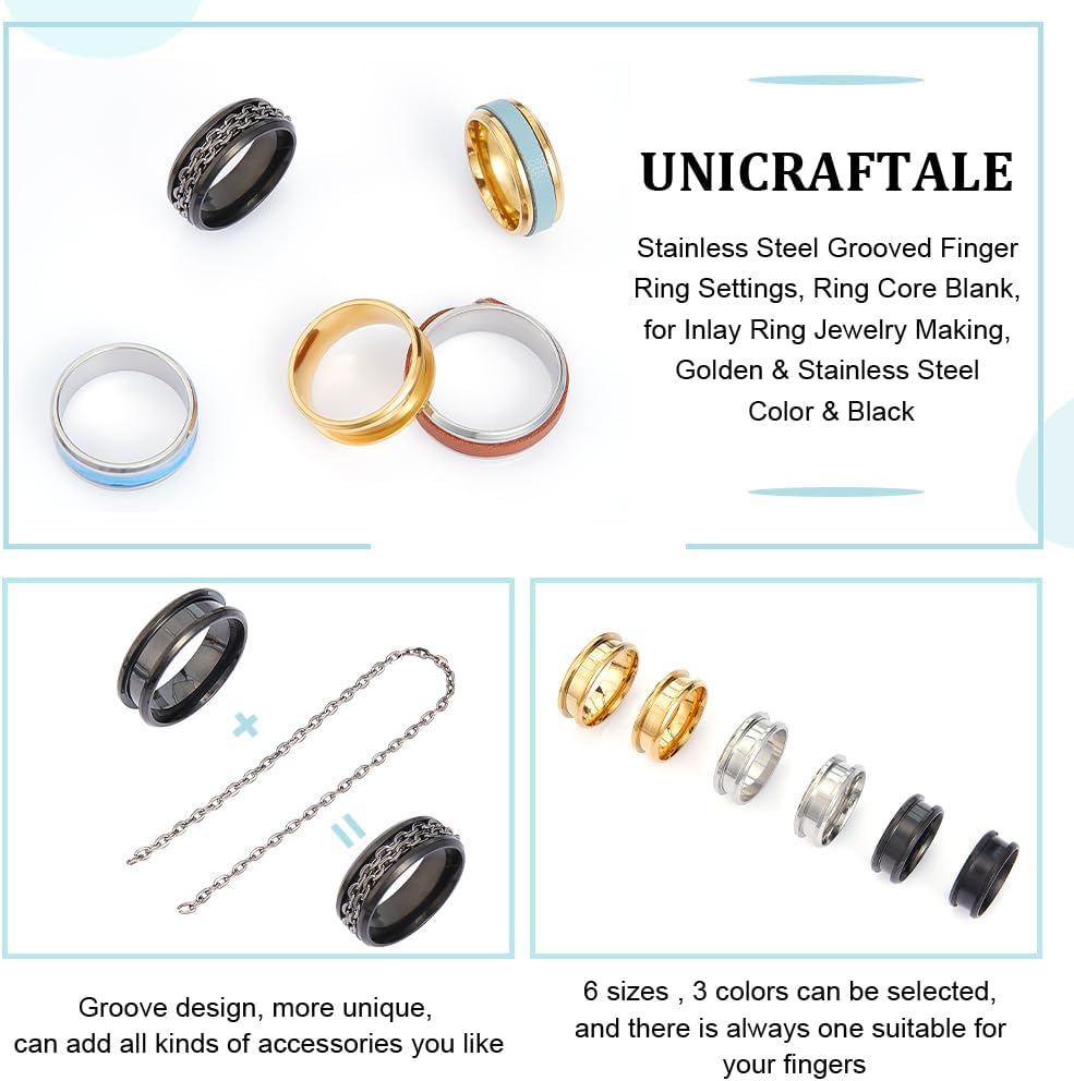 UNICRAFTALE 36pcs 3 Colors Blank Core Ring Stainless Steel Grooved Finger Rings 6 Sizes Round Blank Ring for Resin Inlay Ring Handmade Ring Wedding Ring Jewelry Making Gift