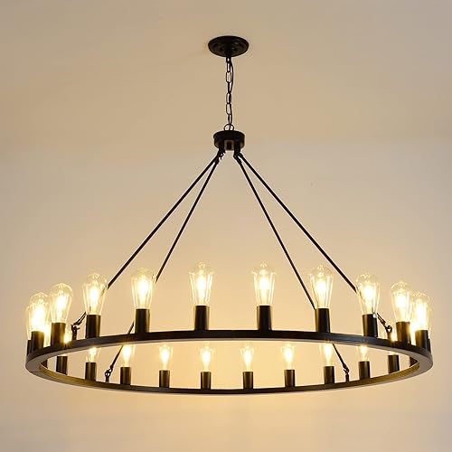 Wagon Wheel Chandelier 24-Light 48-Inch, Black Round Rustic Farmhouse Chandelier