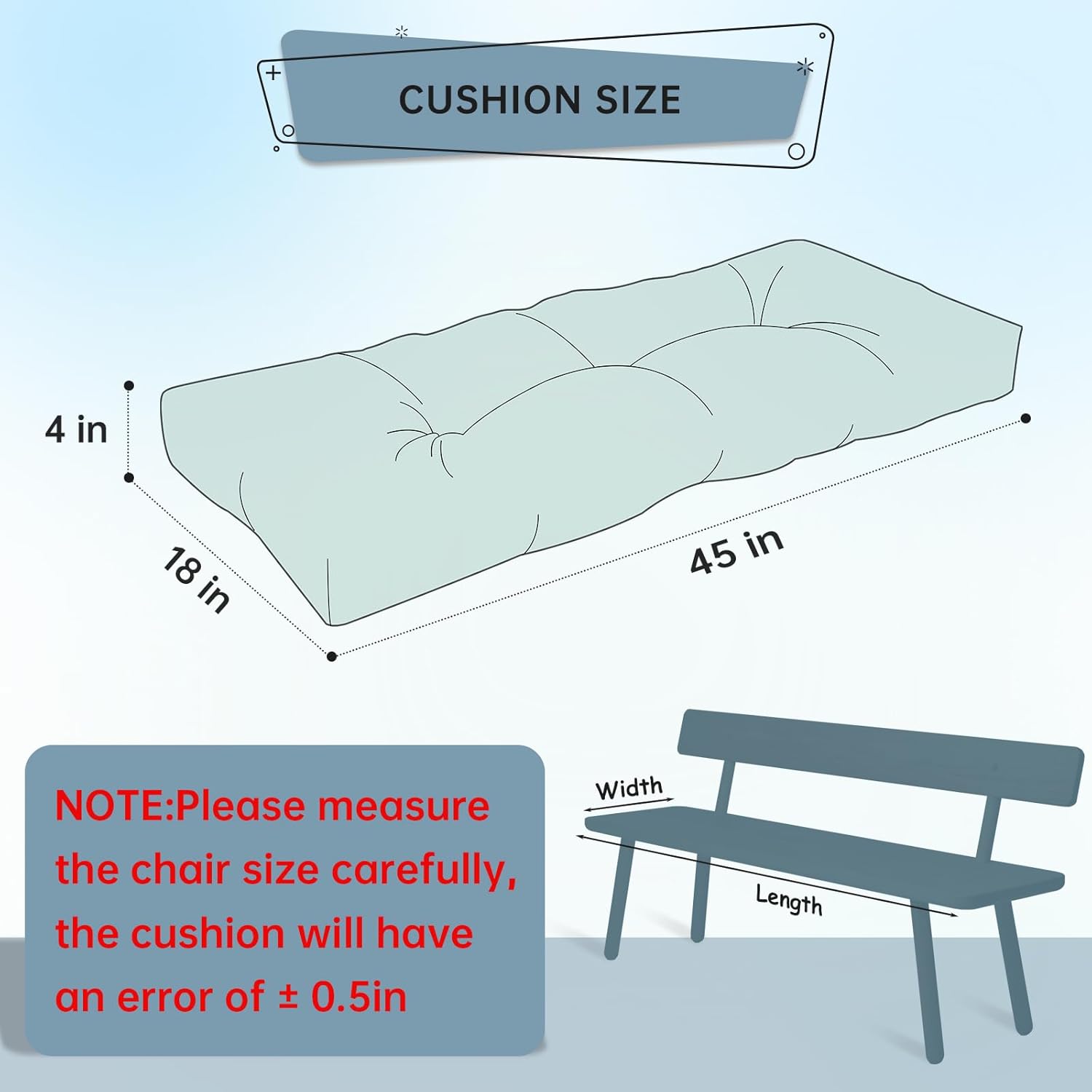 Bench Cushion 45 Inch - Sackcloth Fabric, High-Density Foam, Non-Slip Bottom, Soft Durable Indoor Tufted Long Seat Cushion for Window Garden Furniture (Light Blue, 45x18x4 Inch)