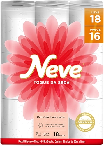 Neve Papel Higiênico Toque de Seda Folha Dupla, 30m, Leve 18 Pague 16 Rolos