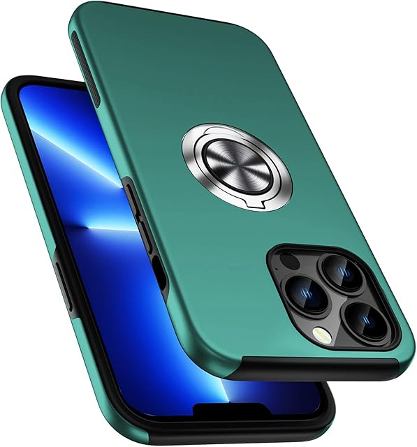 CTMWWNG Military Shockproof Case for iPhone 13 Pro Max, [Embedded Finger Holder] Phone Case Cover with Reinforced Metal Ring Stand Kickstand [Support Magnetic Car Mount] for iPhone 13 6.7'', Green