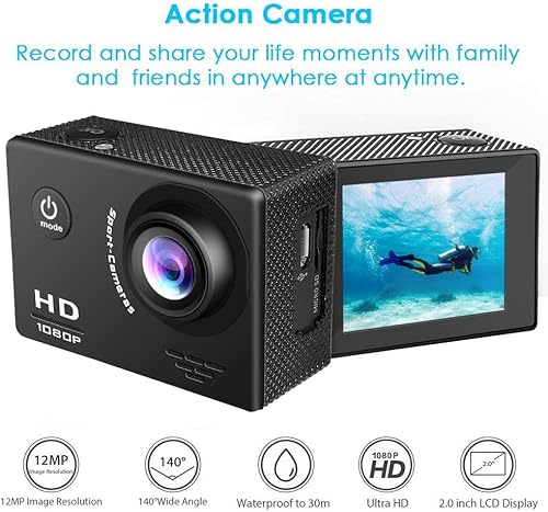 Miniatura 5 de Cámara de acción deportiva Full HD 1080P de 12MP con pantalla de 2.0 pulgadas, gran angular de 140, cámara impermeable de 98.4 ft98 pies para