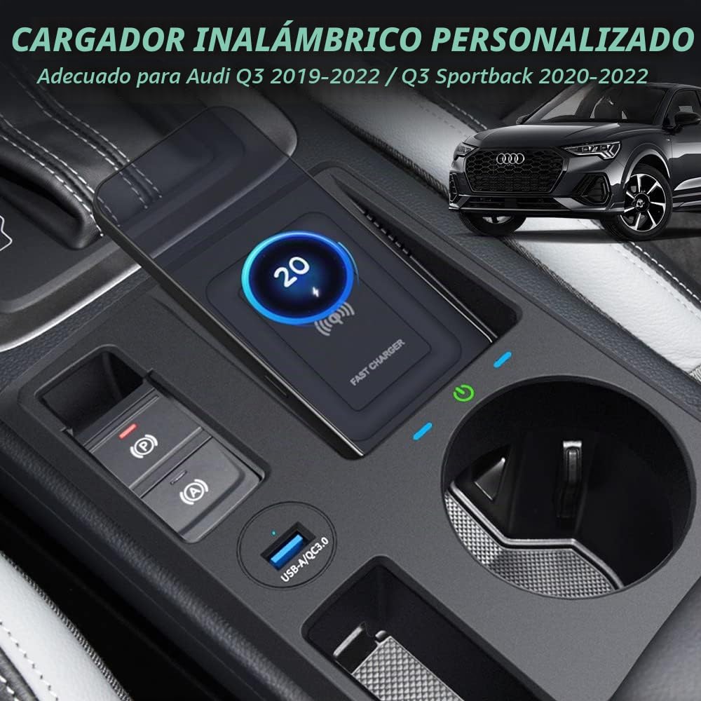 Cargador Inalámbrico Coche para Audi Q3 2019-2022/Q3 Sportback 2020-2022, 15W Qi Carga Rápida Auto Teléfono Cargador para Audi Q3 Consola Central Accesorios, Regalo para Audi Propietarios