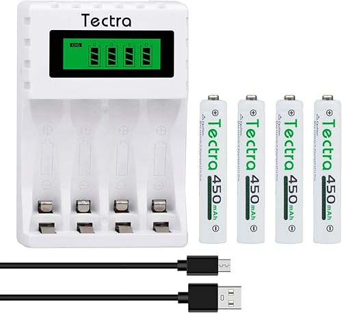 Tectra Baterías AAAA de 450 mAh, paquete de 4 baterías recargables AAAA Ni-MH con AA AAA AAAA Ni-MH cargador de batería inteligente universal para