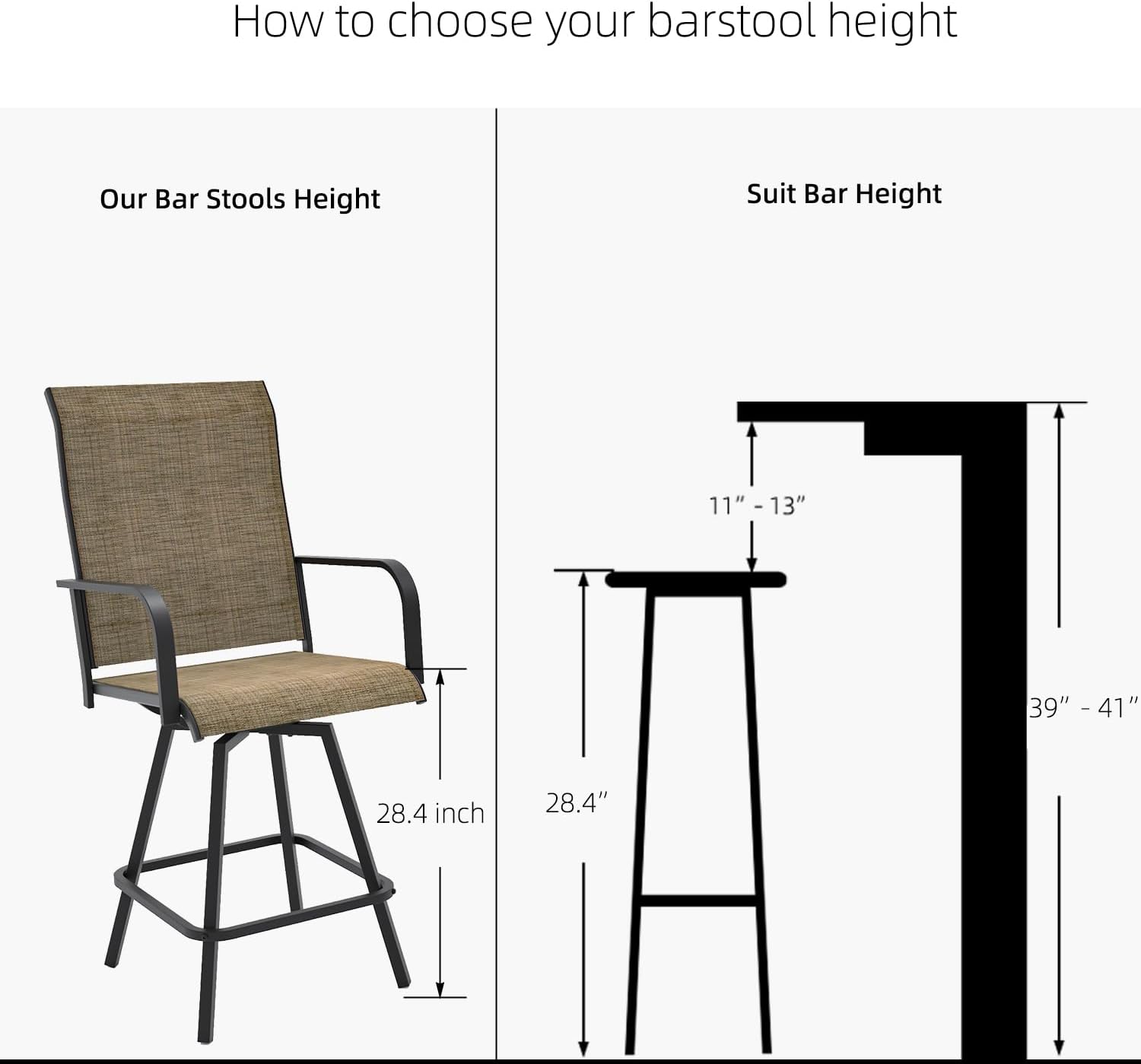 Outdoor Bar Stool Set of 2,Modern High Back Patio Pub Stools,28.4" Counter Height Chairs,360 Degrees Swivel Barstools for Kitchen Island Pub Bar Poolside,Brown