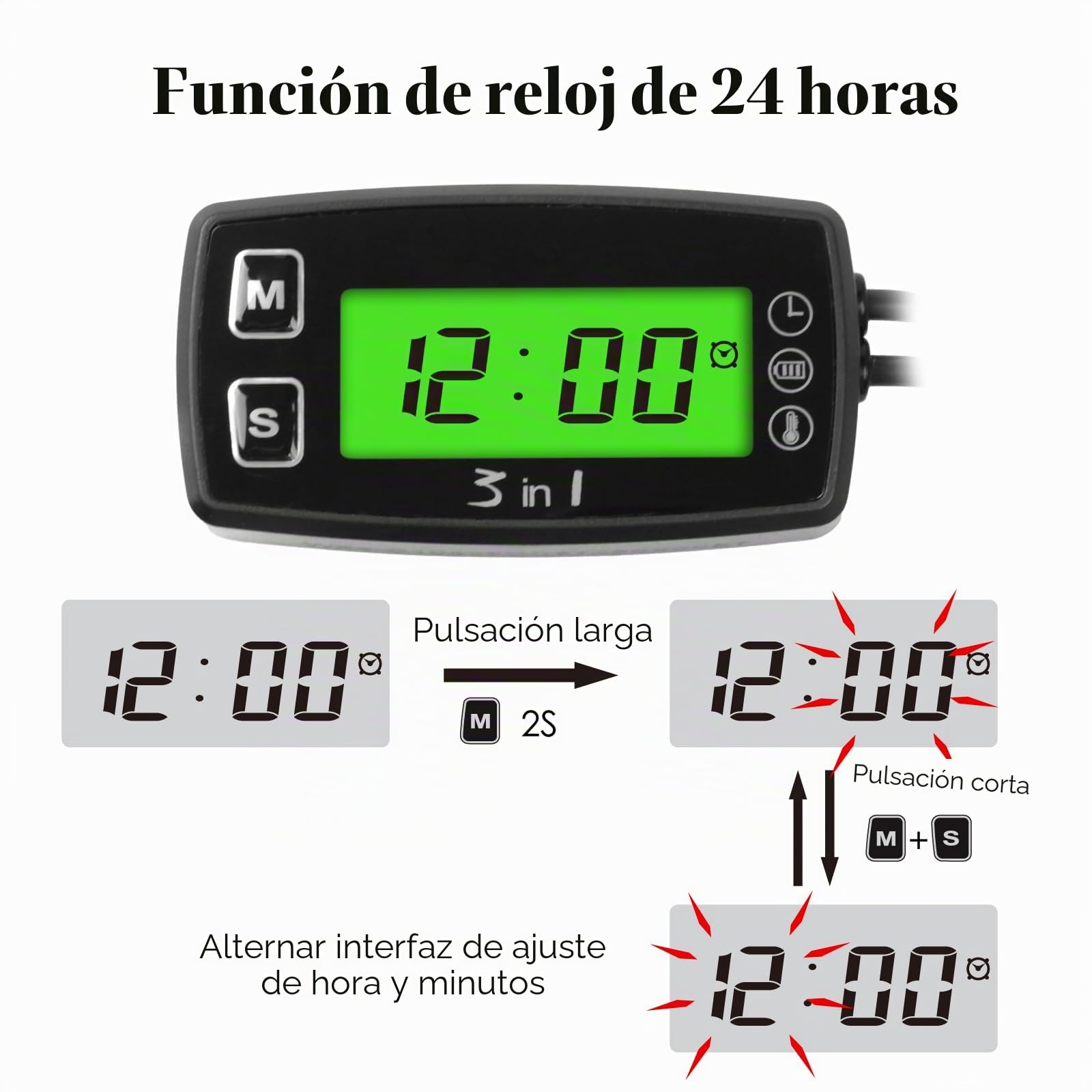 Medidor de temperatura del motor, voltímetro, reloj de 24 horas con alerta de sobretemperatura, función de retroiluminación verde para cortacésped, sierras de cadena, motocicletas, motores