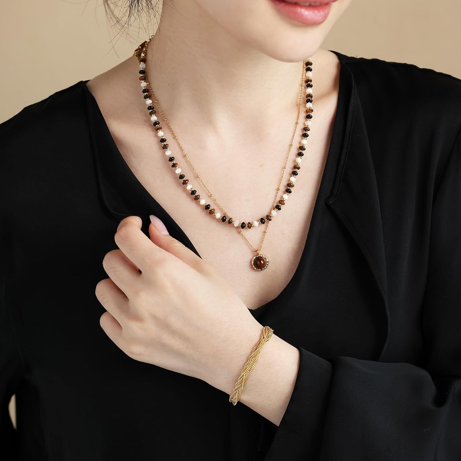 Tigers Eye Necklace Brown Pendant Gold Necklaces for Women Jewelry Collection Mother of Pearl Dainty Coins Evil’s Eye Mountains Pendants 18K Gold Plated Gift for Friends - Image 2