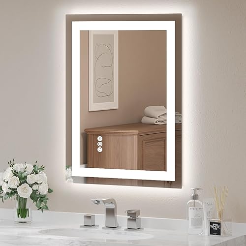 USHOWER Espejo LED de 24 x 32 pulgadas para baño, espejo de baño LED frontal y retroiluminado con antiniebla, 3 colores regulables, función de